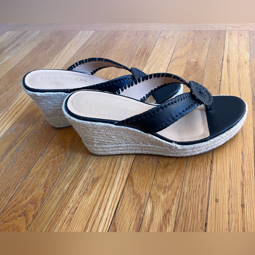 Jack Rogers Women's Marbella Jacks Wedge Sandals US 8.5 Black Espadrille thong - Picture 2 of 4